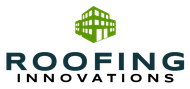 A logo for Roofing Innovations with a green building in the middle.