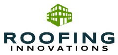 A logo for Roofing Innovations with a green building in the middle.