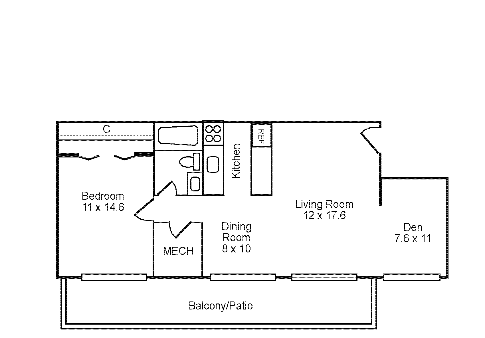 Floor Plan: 1 Bed, 1 Bath, Den, 628 Square Feet