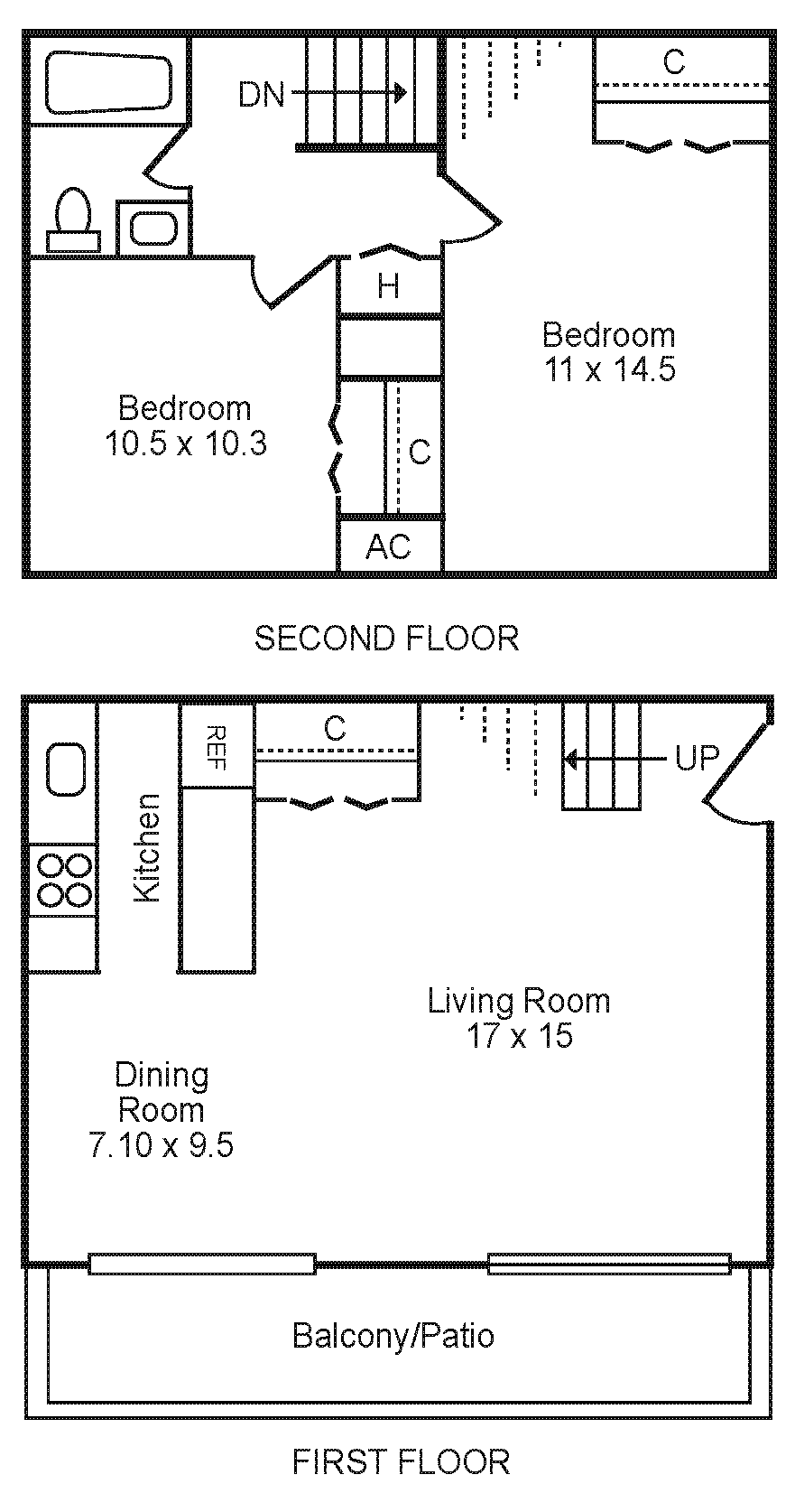 Floor Plan: 2 Bed, 1 Bath, Duplex, 796 Square Feet