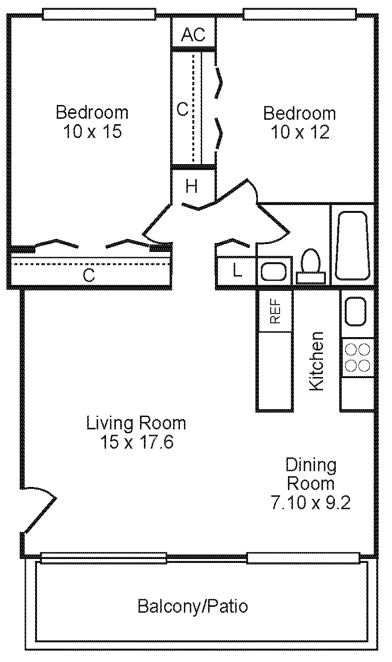 Floor Plan: 2 Bed, 1 Bath, 720 Square Feet