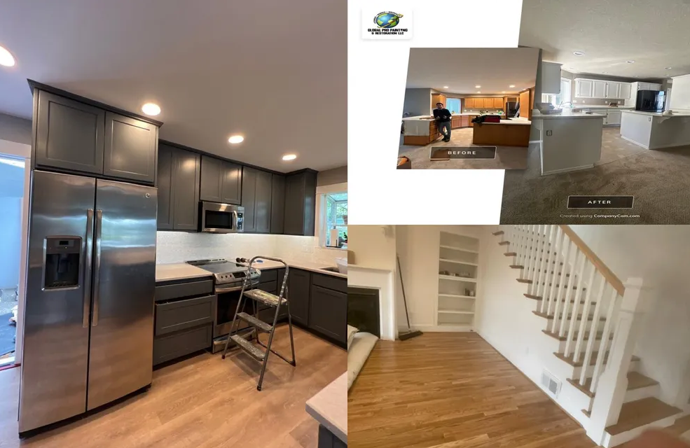 A collage of three pictures of a kitchen and stairs.