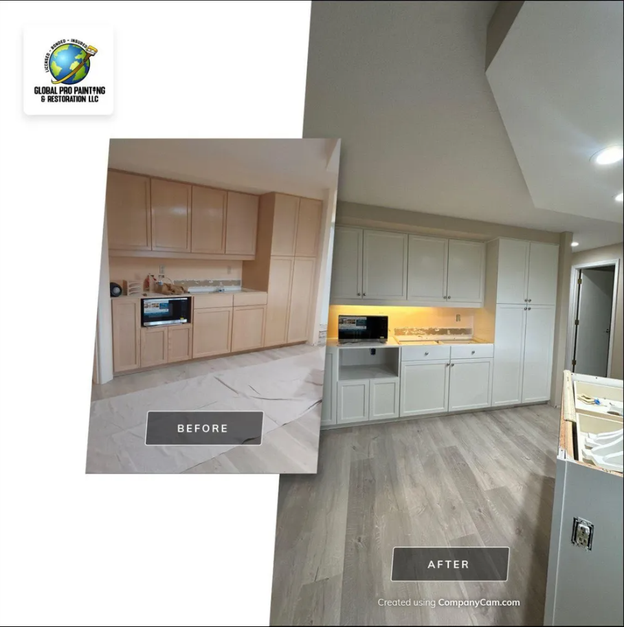 A before and after photo of a kitchen with wooden cabinets