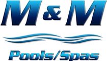 A logo for m & m pools and spas