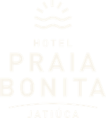 Logotipo do Hotel Praia Bonita, texto branco sobre fundo branco.