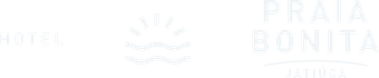 Logotipo do Hotel Praia Bonita, texto branco sobre fundo branco.