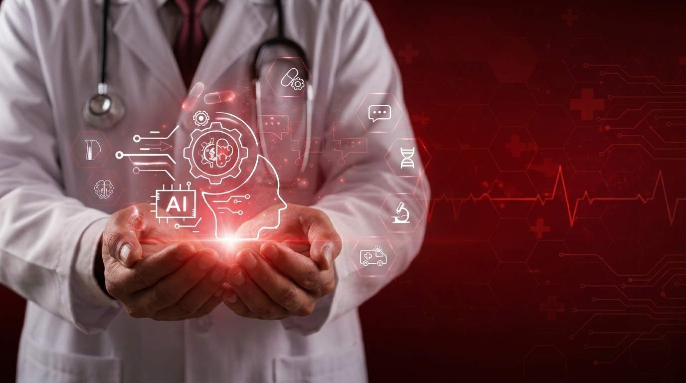 Close-up of a healthcare professional holding out their hands to cradle glowing red holographic grap