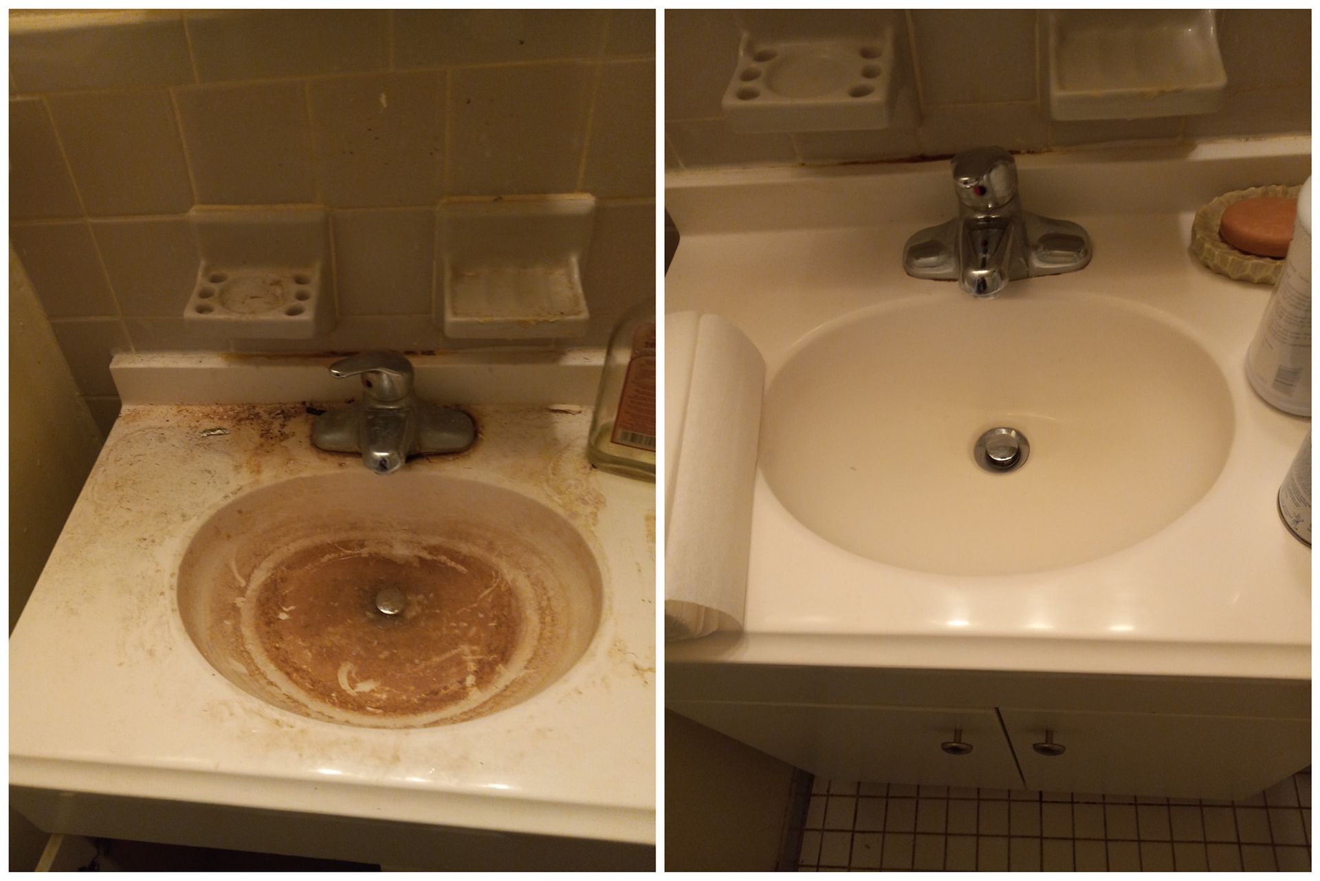 before and after photo of a clean sink