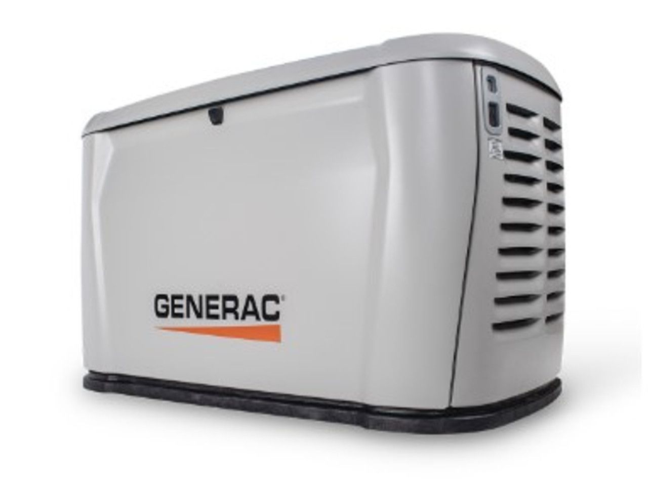 White Generac home standby generator with black vents on a black base