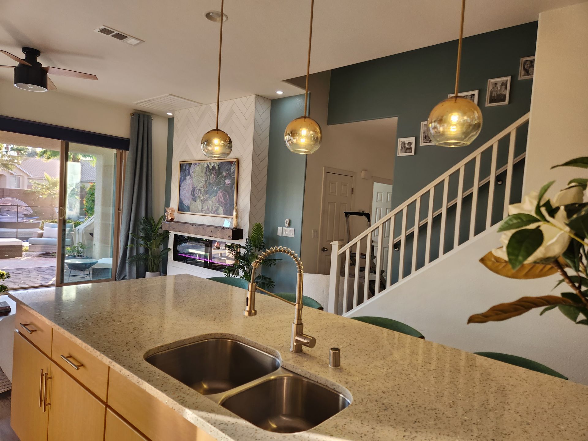 Kitchen Counter hanging light sink window curtains