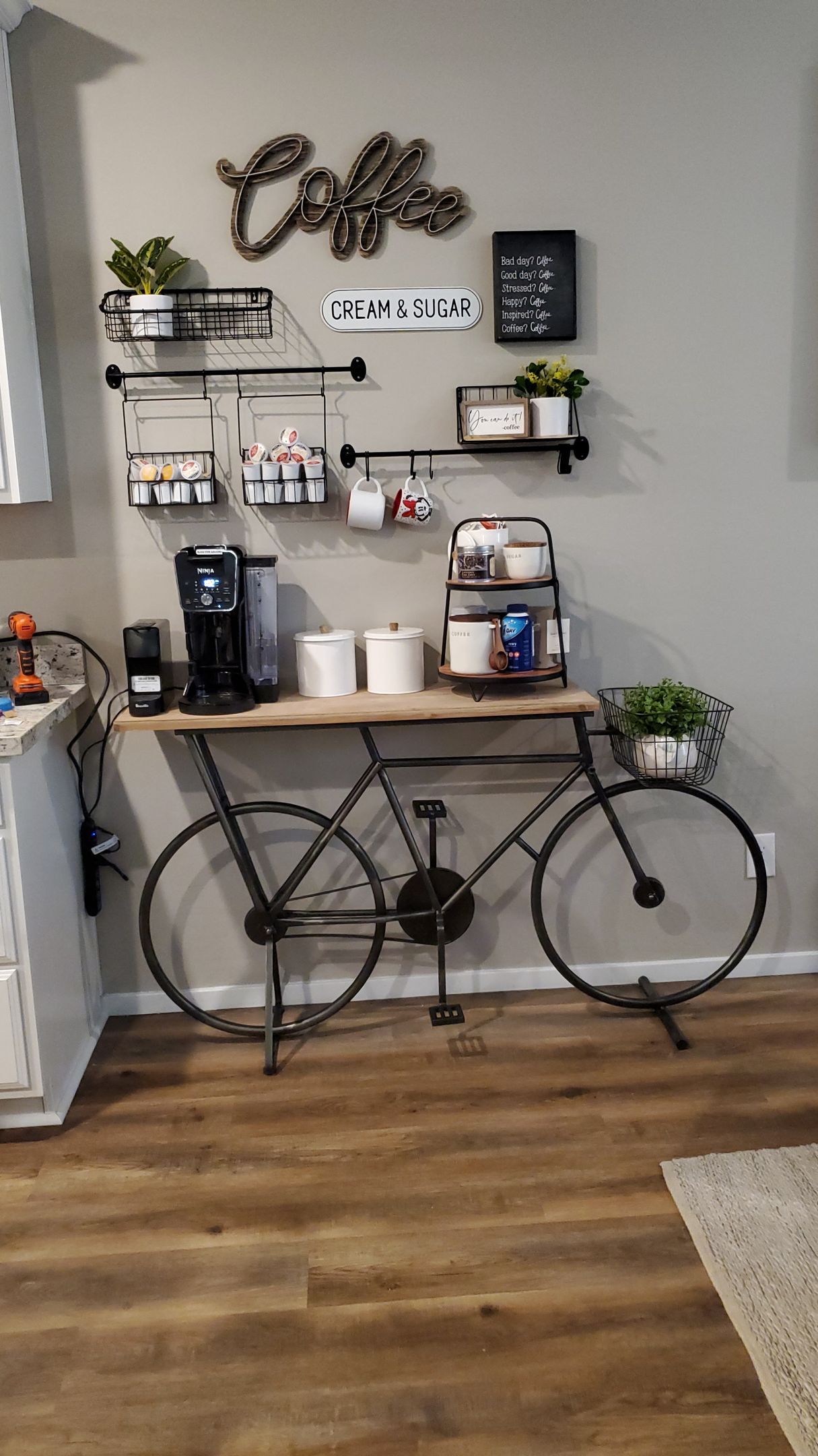 Bicycle coffe maker wall shelf
