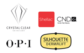 Industry logos: Crystal Clear Skincare Shellac CND OPI Silhouette Dermalift 