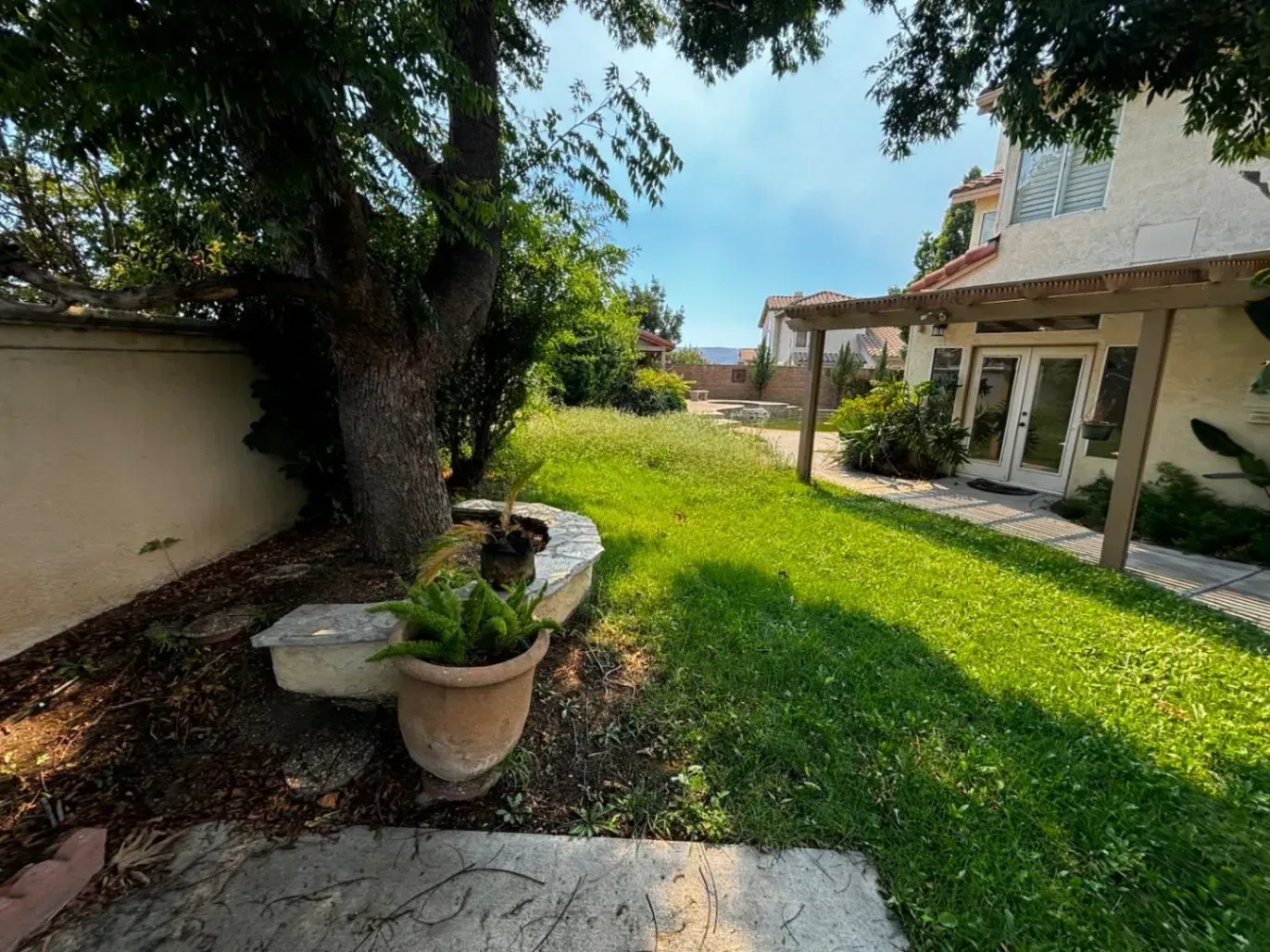Lush green backyard with a tree, stone bench, potted plant, and house with pergola. Sunny day.
