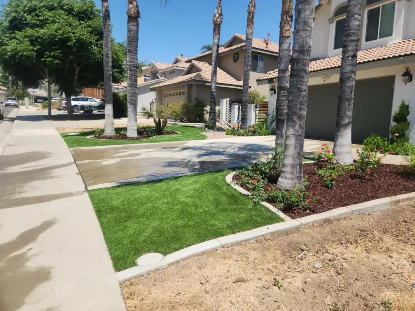 Suburban homes with palm trees and green lawns; driveway and sidewalk in foreground; sunny day.