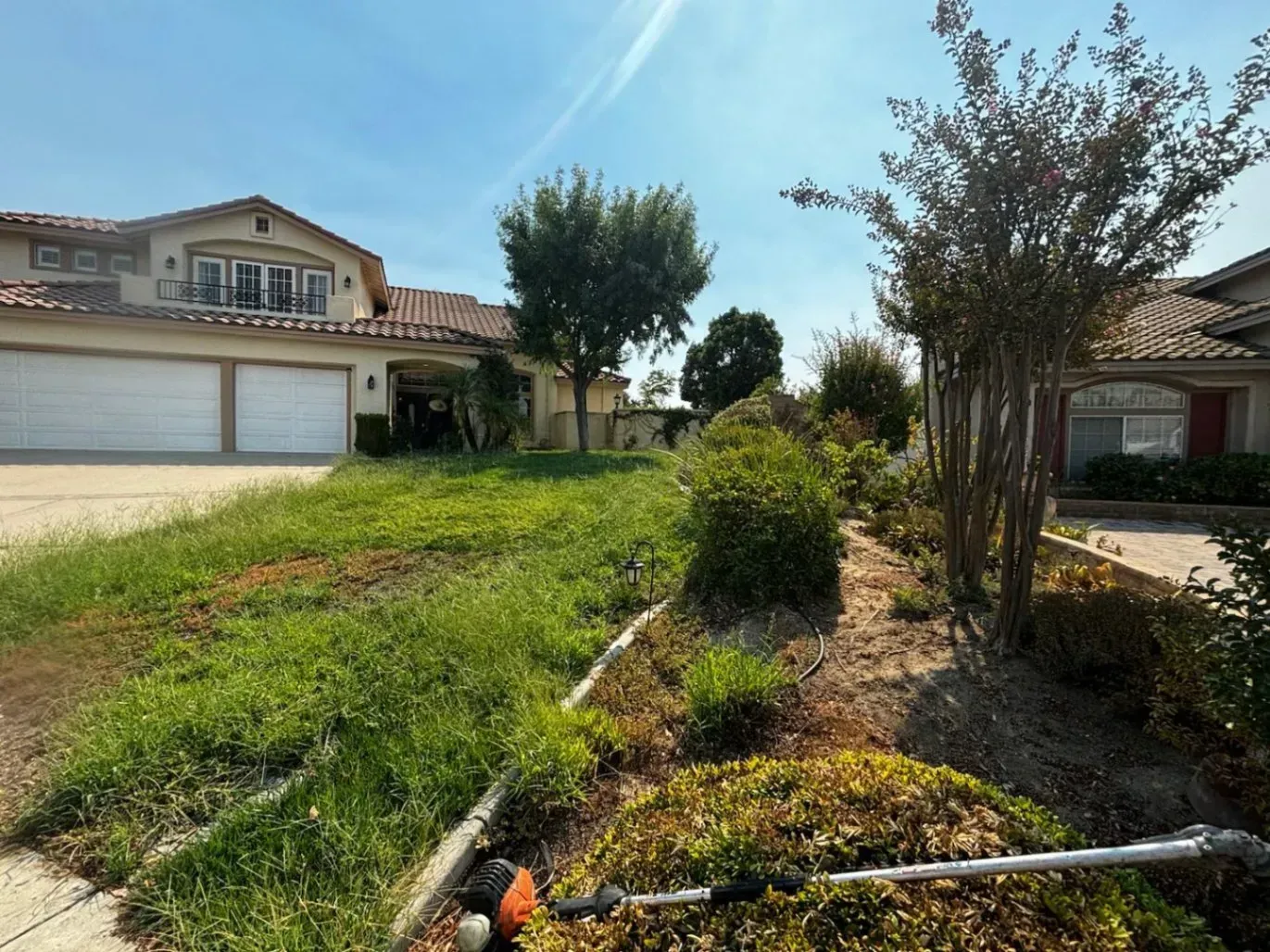 Overgrown front yard of a two-story house; sunny day. A string trimmer rests on the ground.