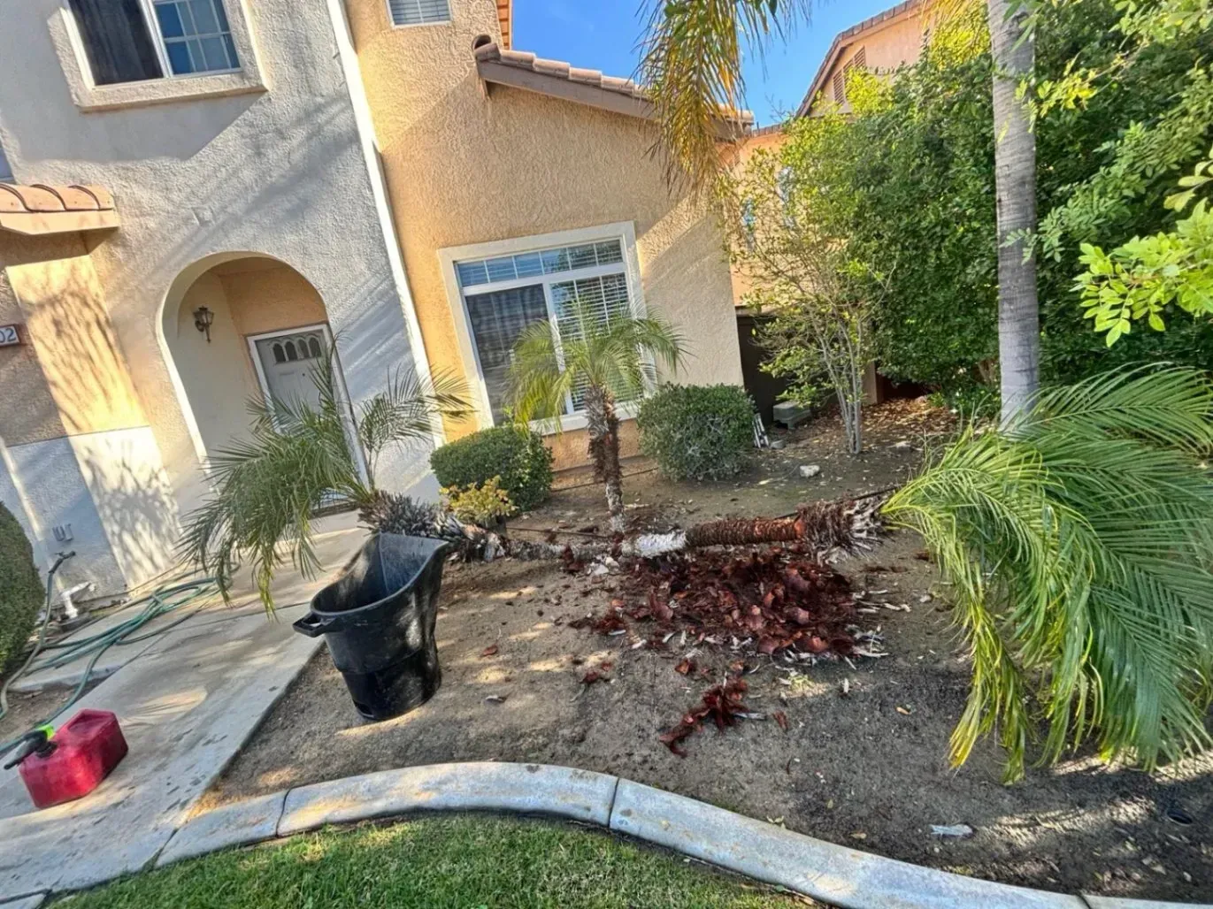 House with yard debris; fallen tree parts on dry earth, with black trash can and gas can nearby.