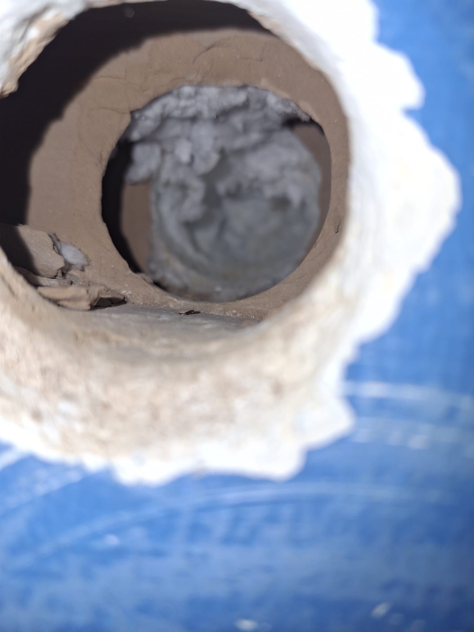 Una vista ravvicinata attraverso un foro circolare e irregolare in una parete blu, che rivela un materiale fibroso, grigio e dalla consistenza ruvida all'interno.