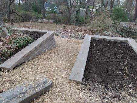 A couple of raised beds filled with dirt in a garden.