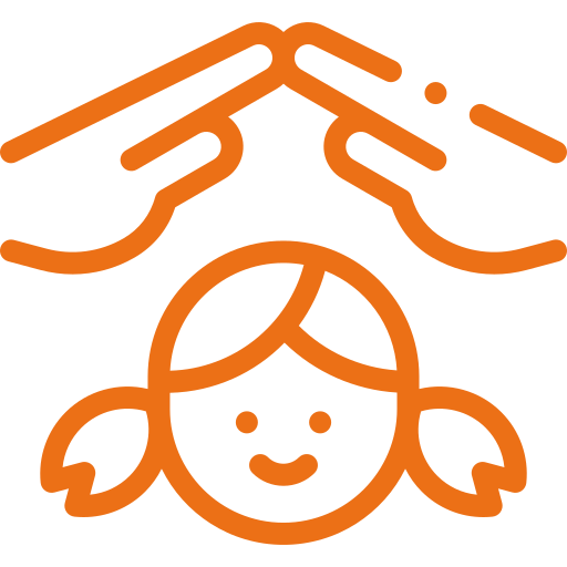 an orange icon of a girl with hands above her head