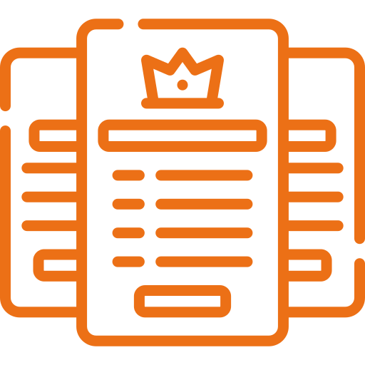 an orange icon with a crown and writing on a page