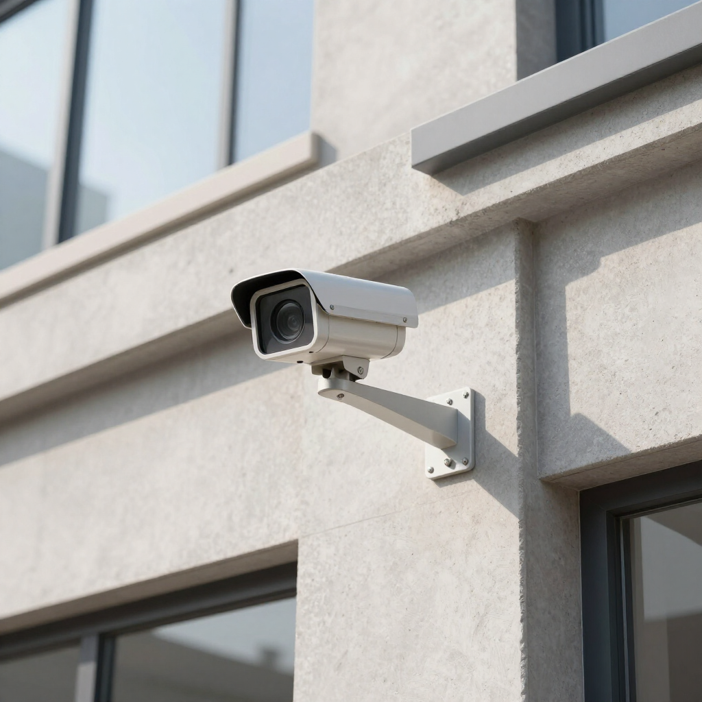 Cámara de seguridad en exterior de edificio comercial