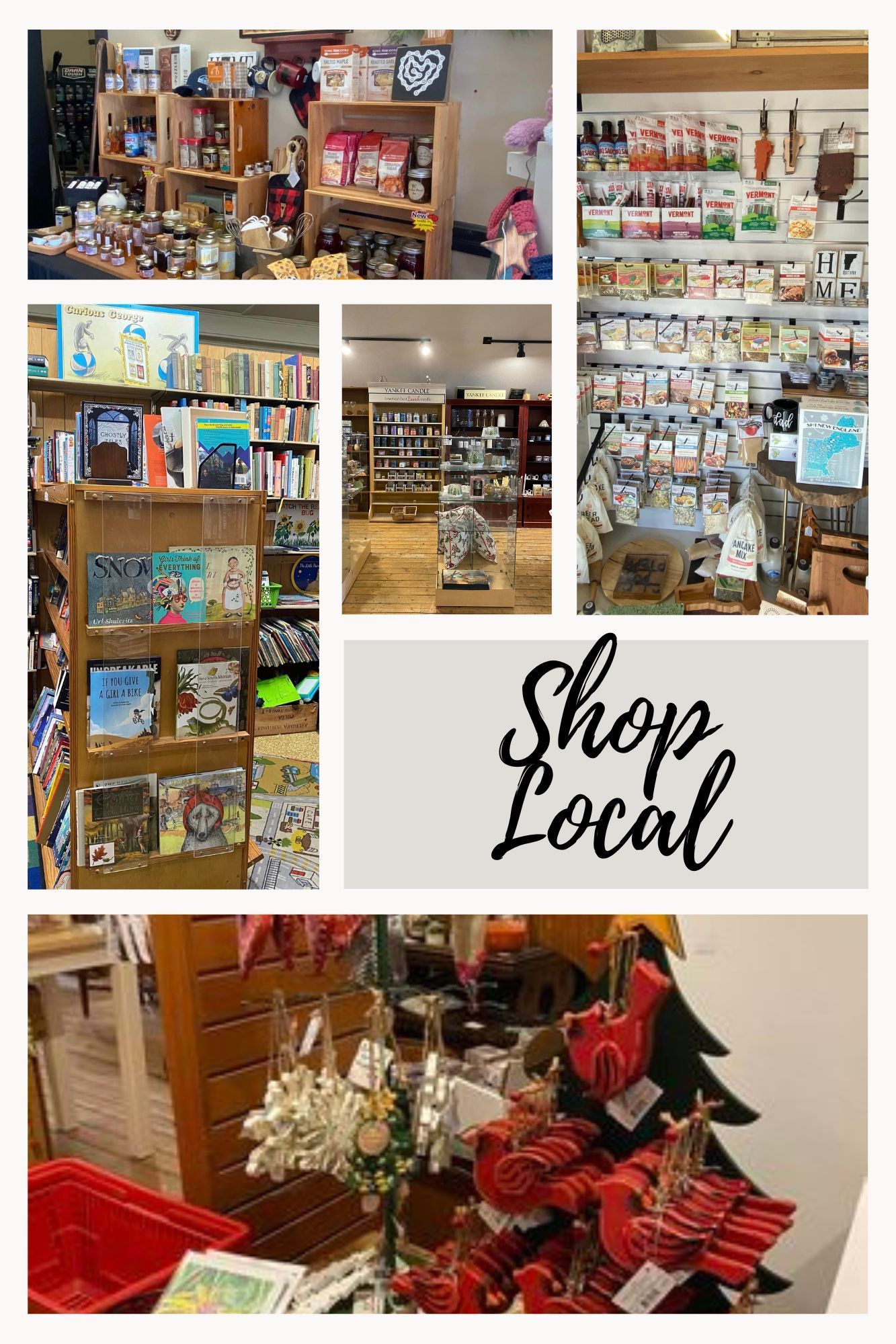 Collage of various items in local Vermont gift shops