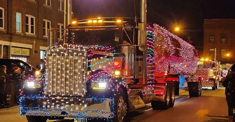 Tractor trailer covered in Christmas lights in downtown Lyndonville, Vermont