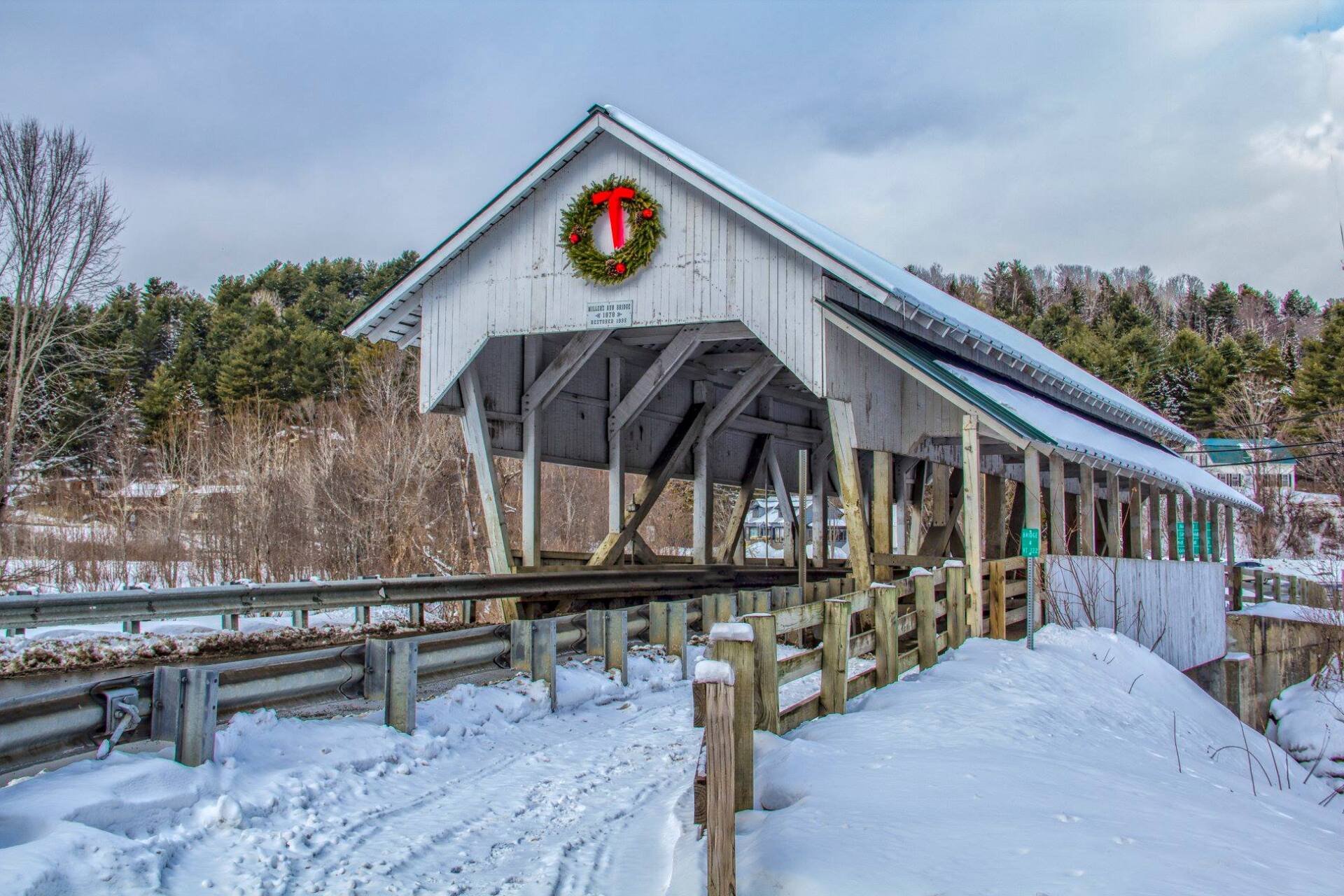 Covered bridge in the winter in Lyndon, Vermont