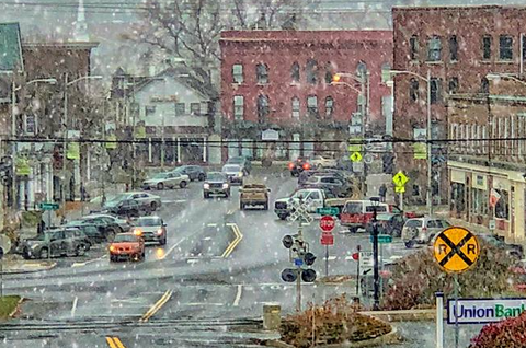town of Lyndonville Vermont on a snowy winter day