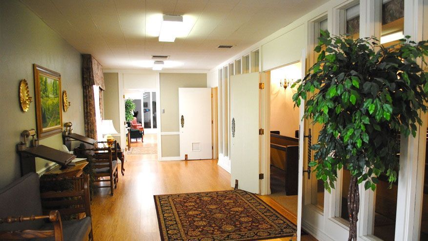 a long hallway with a rug , chairs , and a tree .