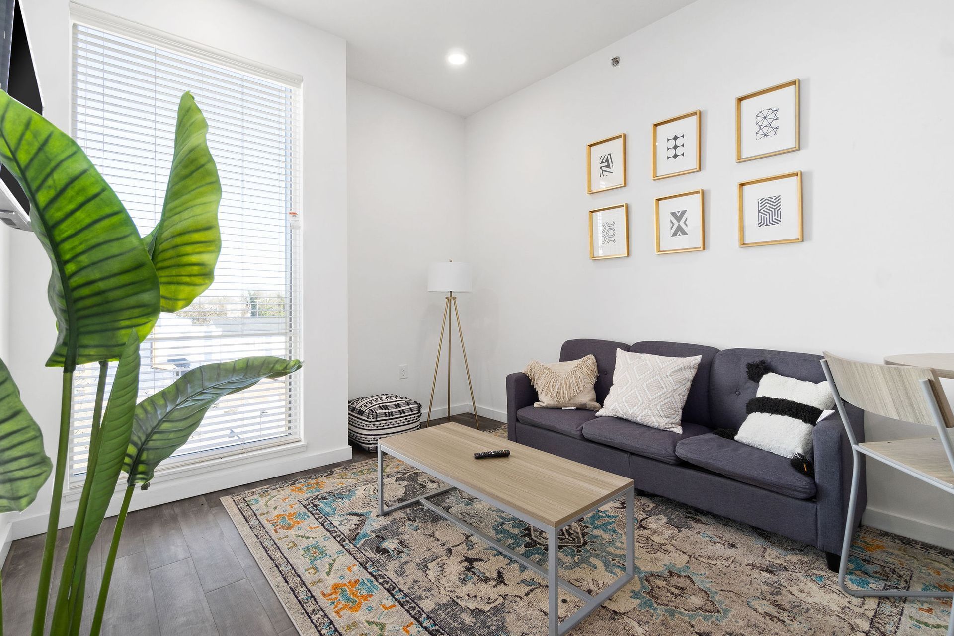 A living room with a couch , coffee table , and plant.