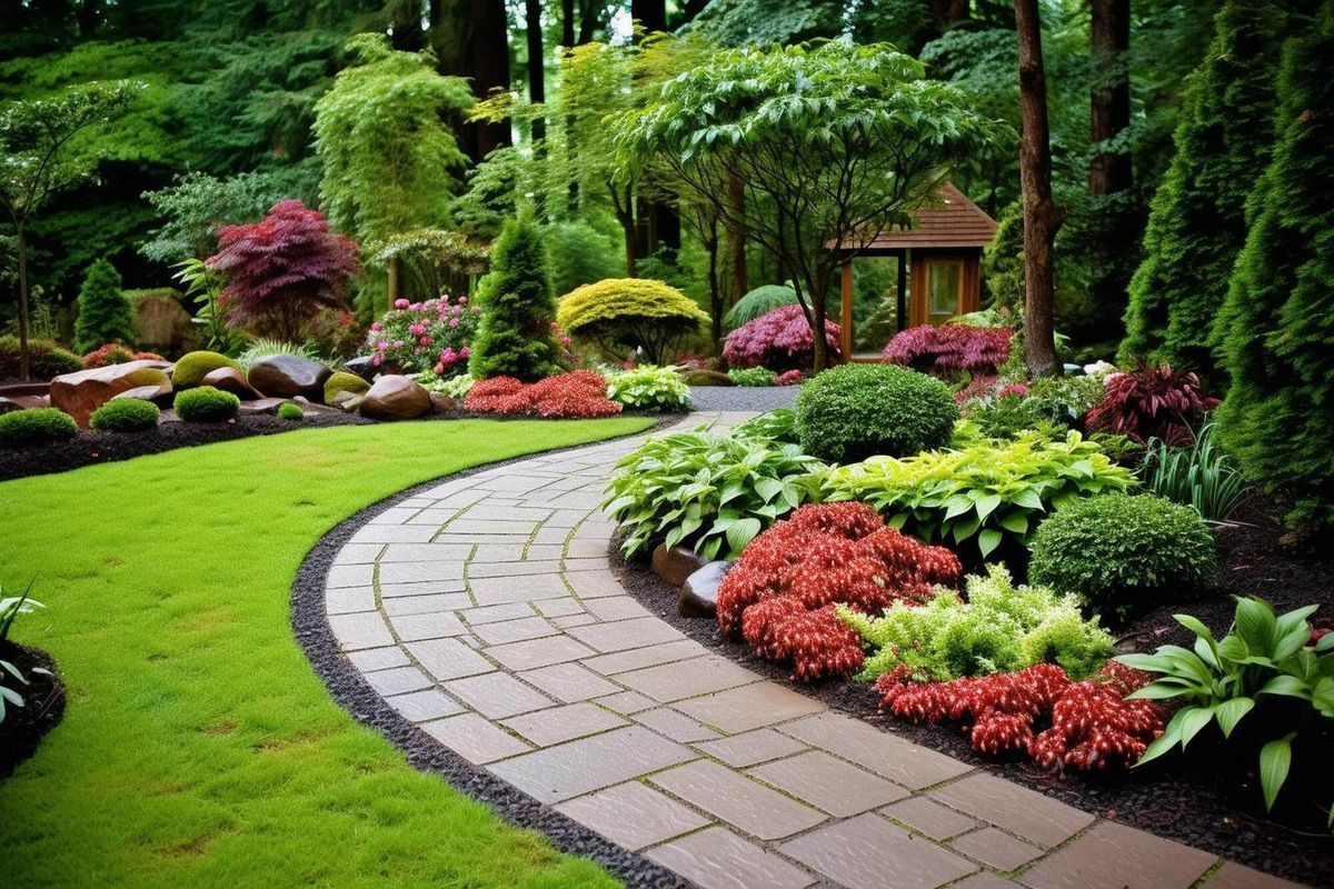 A brick walkway surrounded by flowers and trees in a garden.