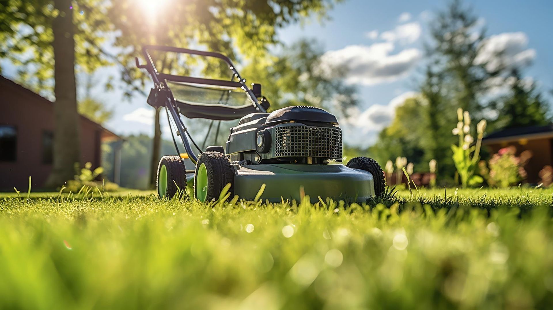 A lawn mower is sitting on top of a lush green lawn.