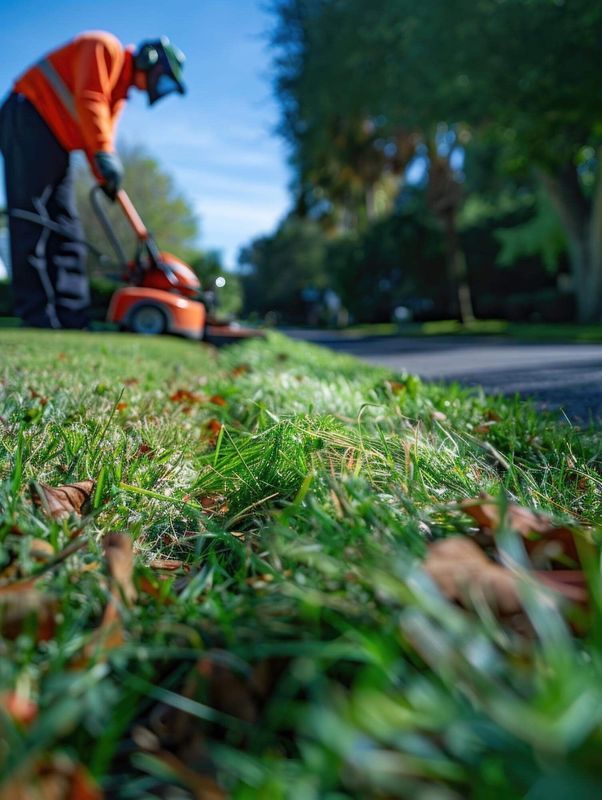 A man is mowing a lush green lawn with a lawn mower.