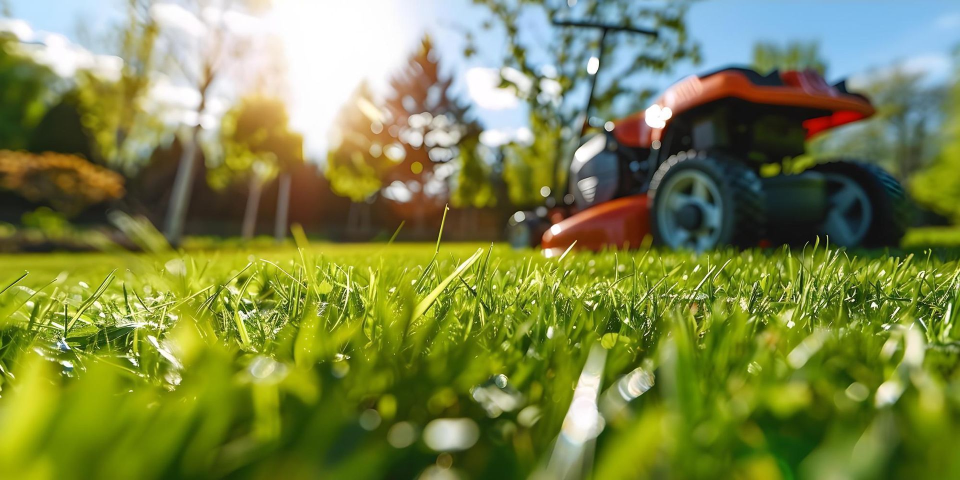 A person is mowing a lush green lawn with a lawn mower.