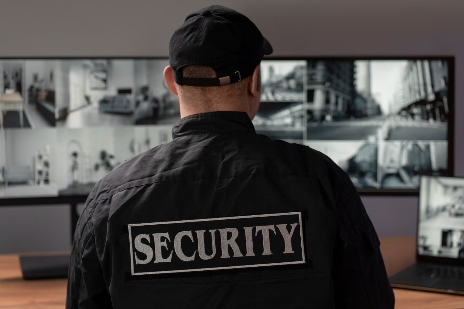A security guard is standing in front of a computer monitor.