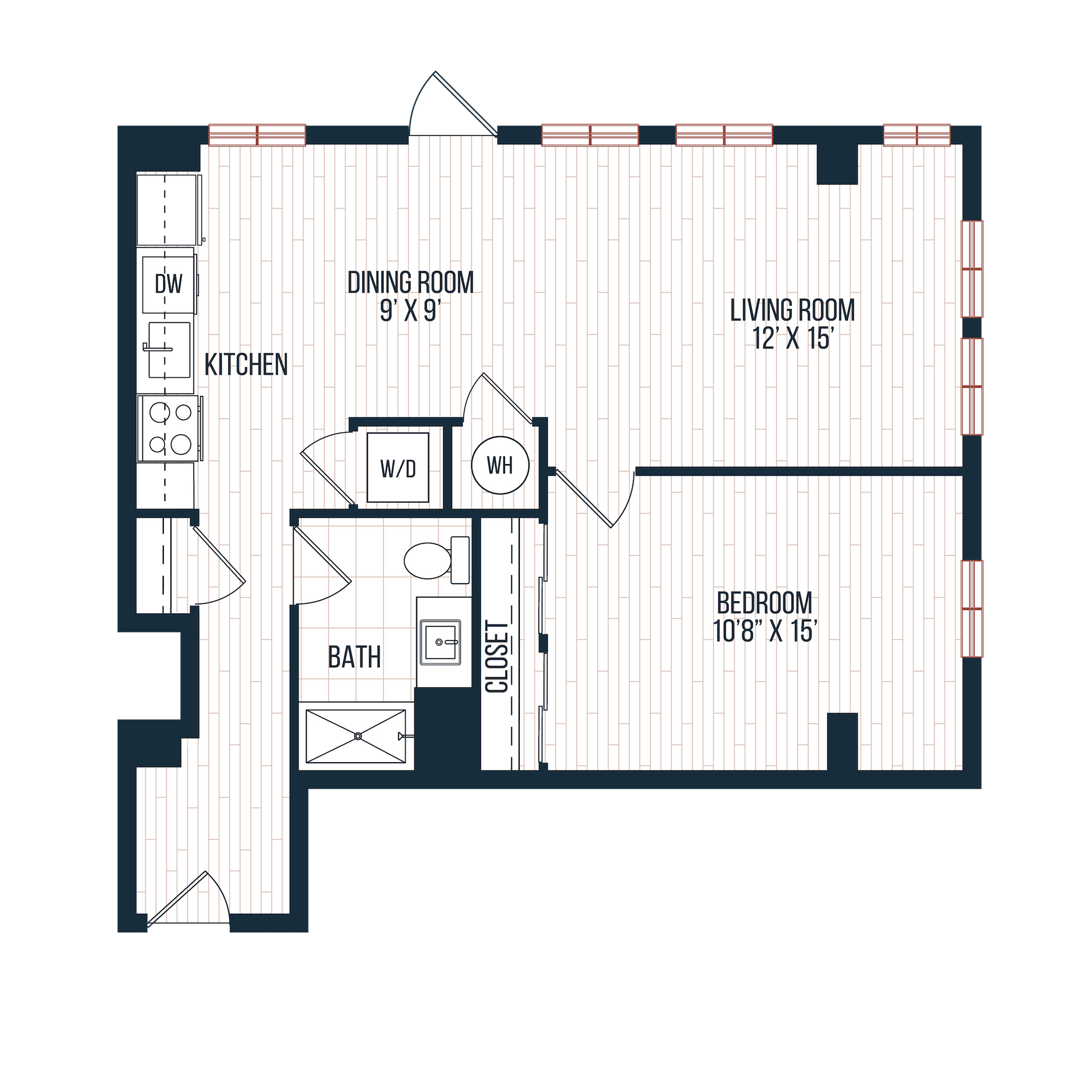 Floor plan of a one-bedroom apartment layout with a kitchen, dining room, living room, bedroom, bathroom, and closet.