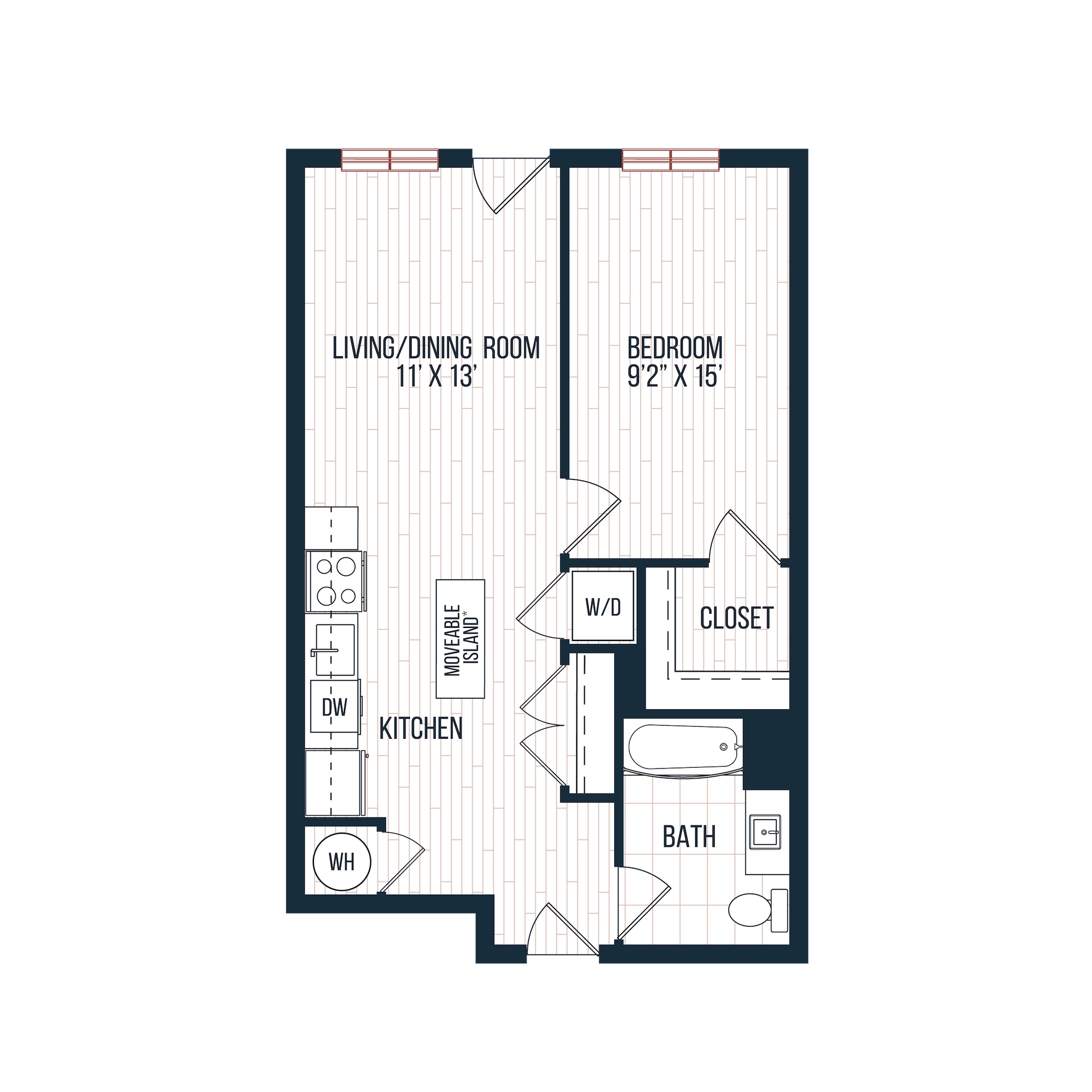 Floor plan of a one-bedroom apartment; kitchen, living/dining, bedroom, bathroom, and W/D.