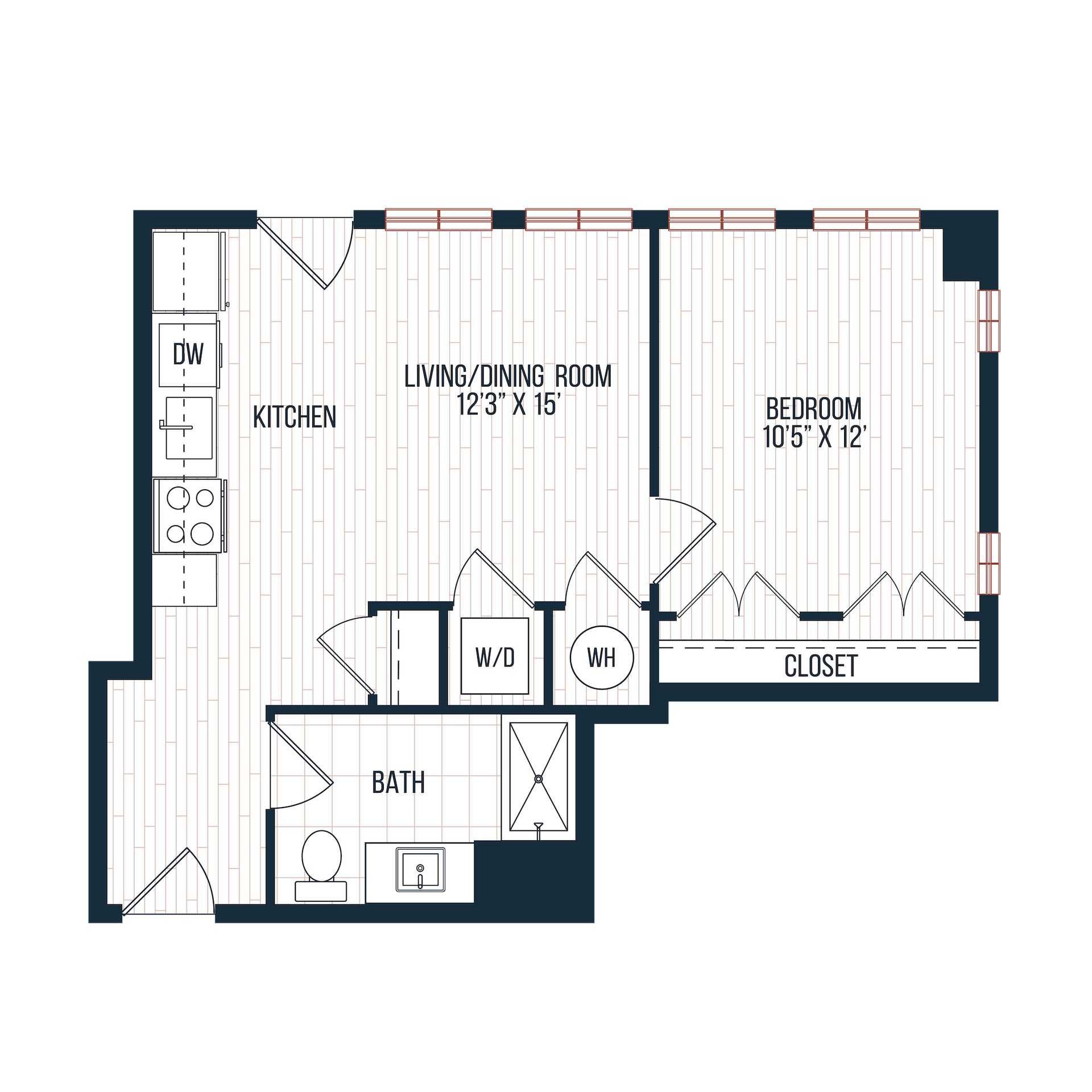 Floor plan of a one-bedroom apartment with a kitchen, living/dining room, bedroom, bathroom, and closet.