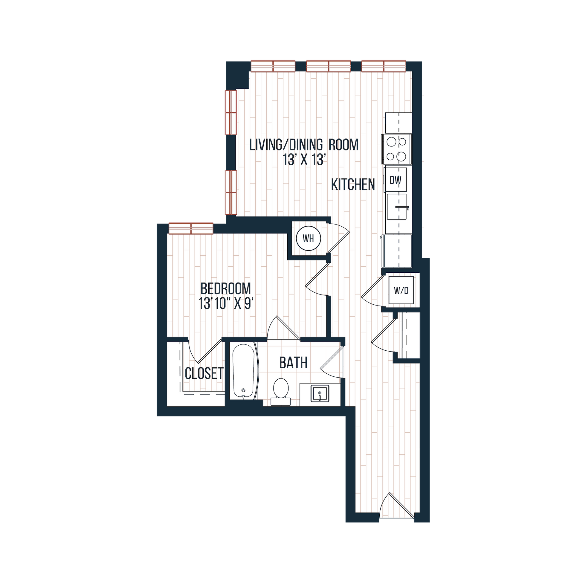 Floor plan of a one-bedroom apartment with living/dining room, kitchen, bedroom, and bath.