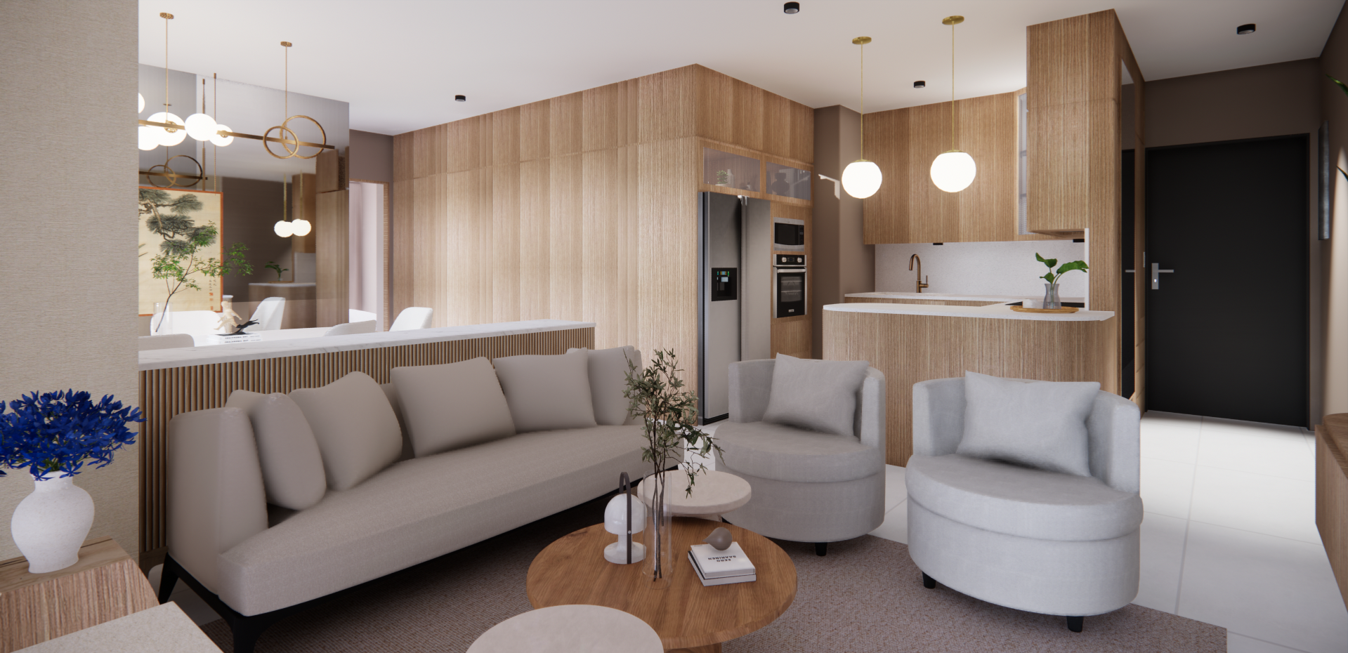 Salón moderno de planta abierta con sofá beige, sillón redondo, isla de cocina y detalles en madera cálida.