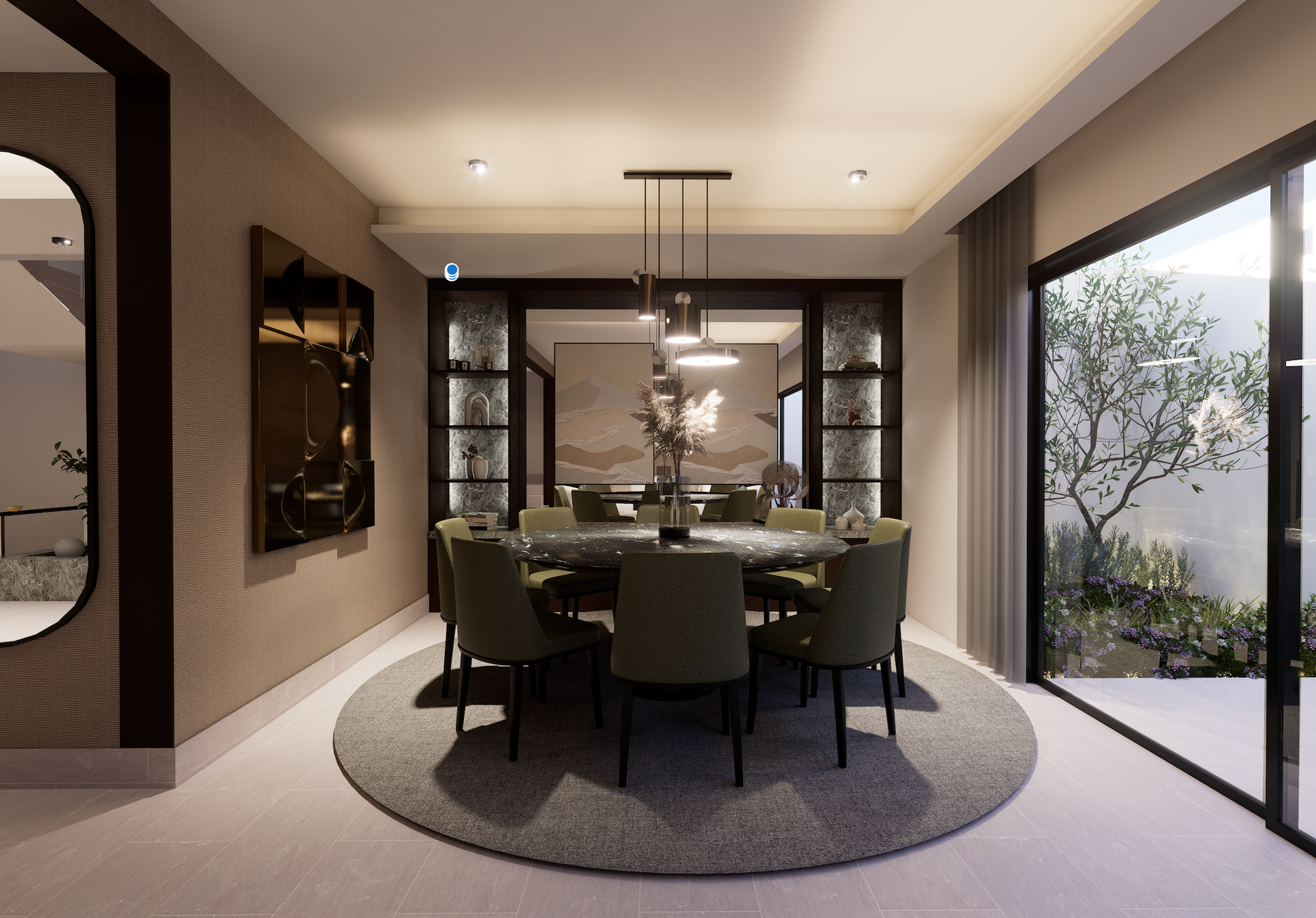 Comedor moderno con mesa redonda, sillas verdes, lámpara colgante y puertas corredizas de cristal que dan a un jardín.