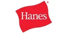 Hanes logo with white text on a red, flag-shaped background.