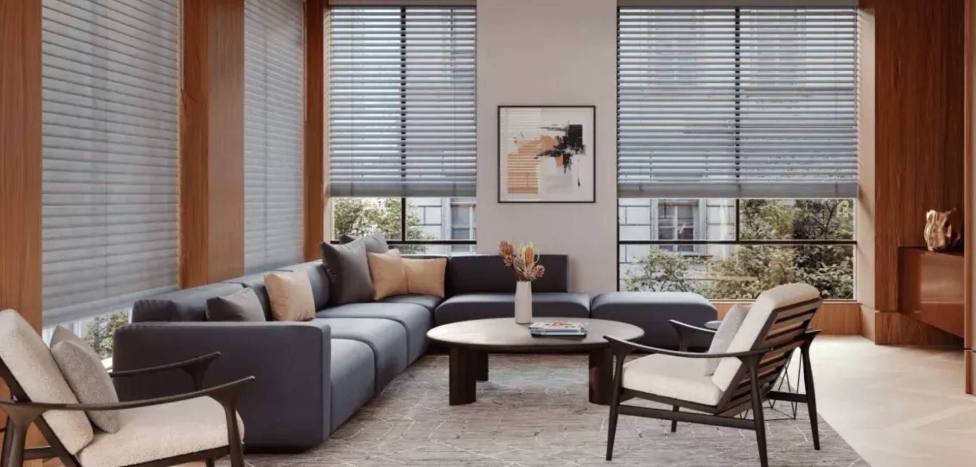 Hunter Douglas Aria™ Soft Blinds in a living room near Peoria, IL