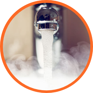 Faucet with running water, surrounded by steam. Orange circle frame.