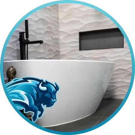 A white bathtub with a blue buffalo logo overlaid, set in a modern bathroom with textured white walls and black faucet.