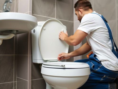 Plumber in blue overalls installing a white toilet seat in a bathroom.