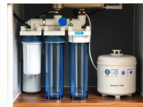 Water filter system in a cabinet, with three blue filter housings and a white pressure tank.