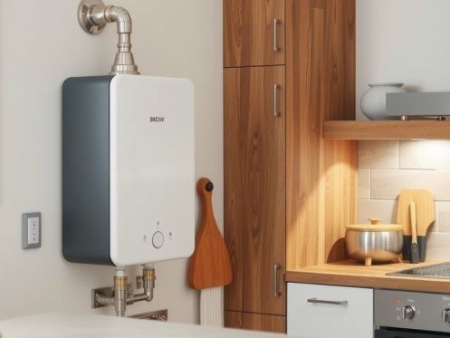 Gas water heater on kitchen wall. White and blue casing, silver pipes, wooden cabinets, and kitchen counter.