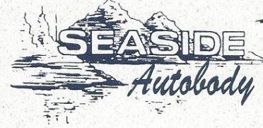Logo for Seaside Autobody featuring mountains, water, and text.